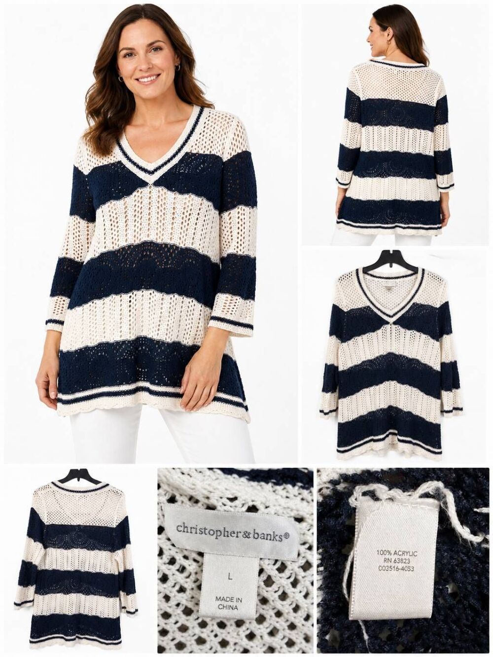 Christopher & Banks Women’s Size L Navy Cream Crochet Knit Top 3/4 Sleeve Stripe